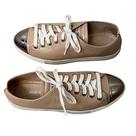 Miu Miu Tan Patent Leather Metal Cap Toe Sneakers Size 36 (US Size 6) - Picture 7 of 15